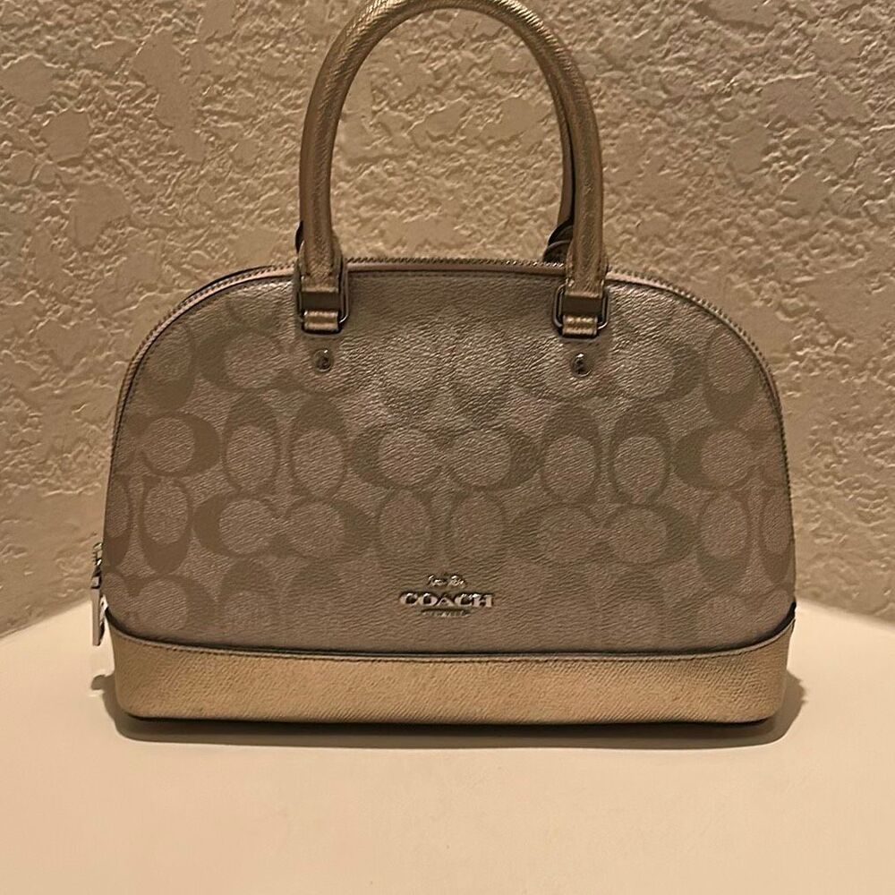 Coach Mini Sierra Satchel Top Handle Bag Monogram Logo Tan Gold Metallic Trim